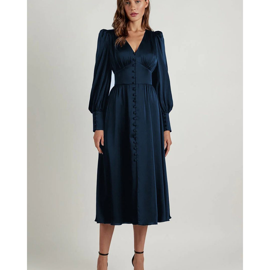 V-Neck Maxi Dress with Puff Sleeves for Women - Blue