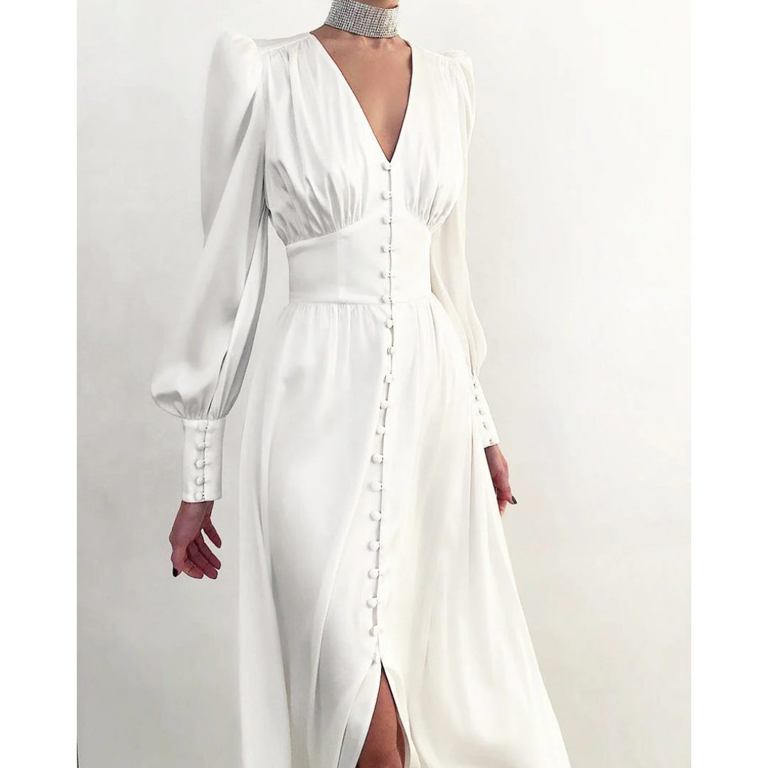 V-Neck Maxi Dress with Puff Sleeves for Women - White