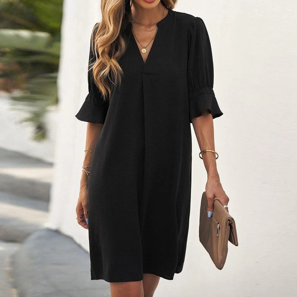 V-Neck Midi Shift Dress for Women - Nero