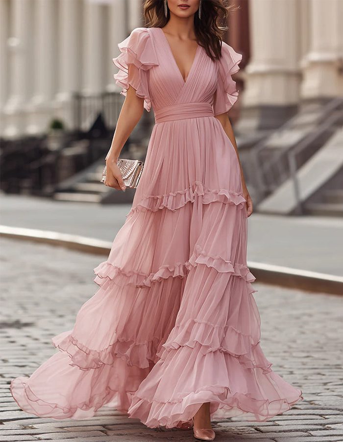 V-Neck Ruffled Hem Wedding Guest Maxi Dress for Women