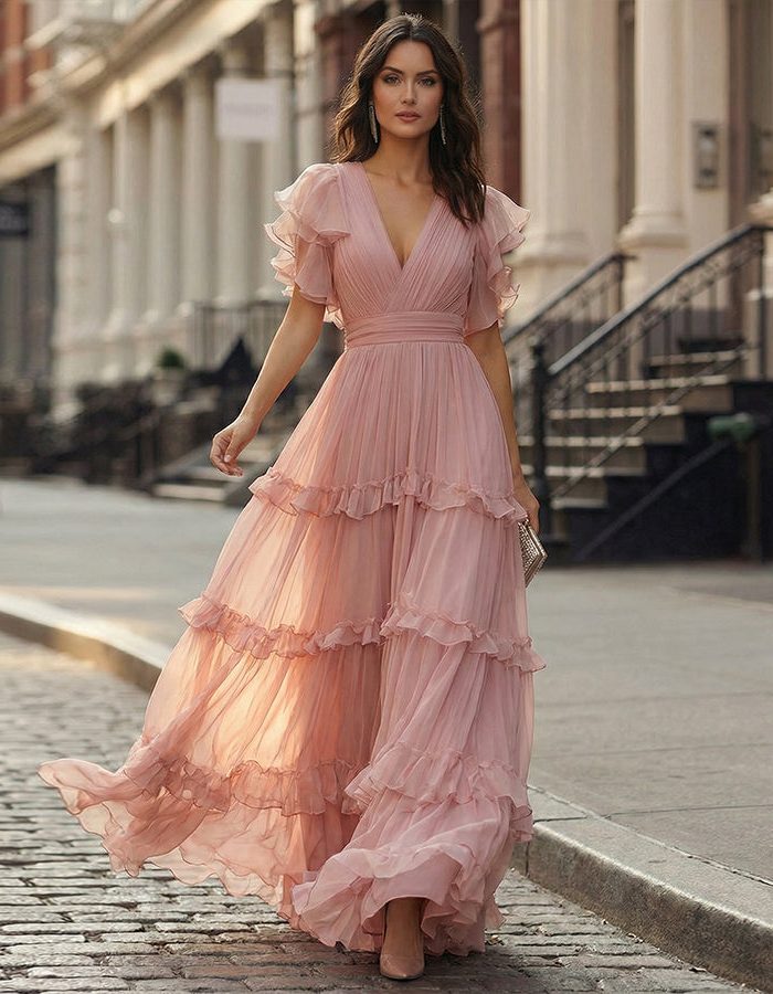 V-Neck Ruffled Hem Wedding Guest Maxi Dress for Women - View 5