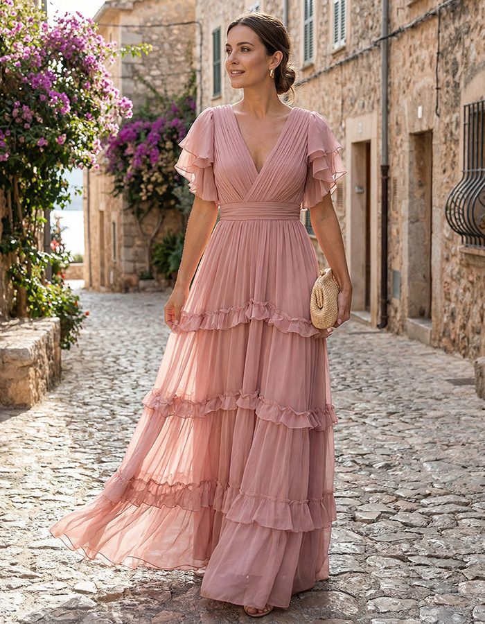 V-Neck Ruffled Hem Wedding Guest Maxi Dress for Women - View 6