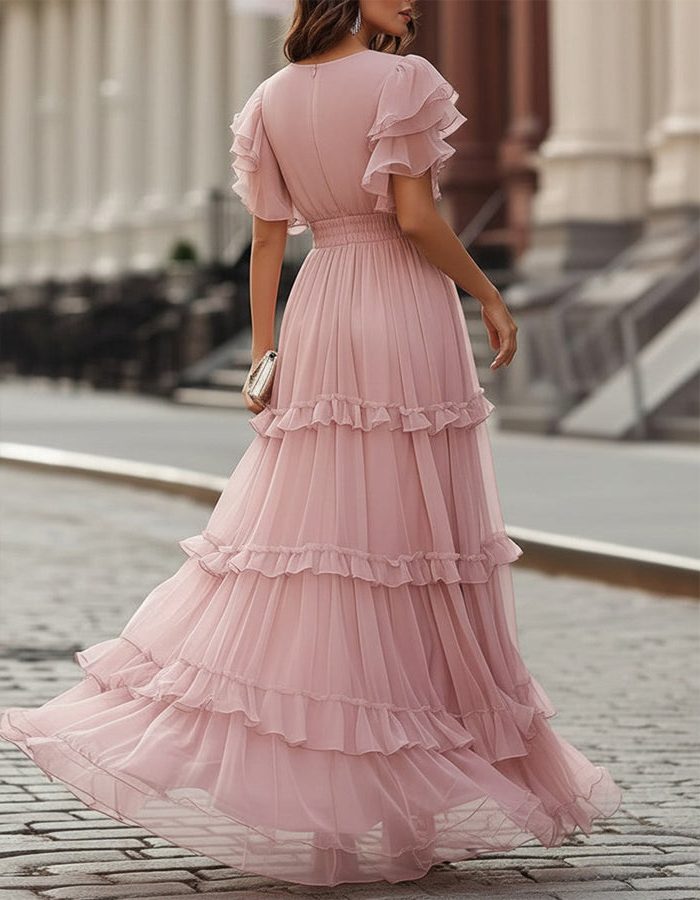 V-Neck Ruffled Hem Wedding Guest Maxi Dress for Women - View 7