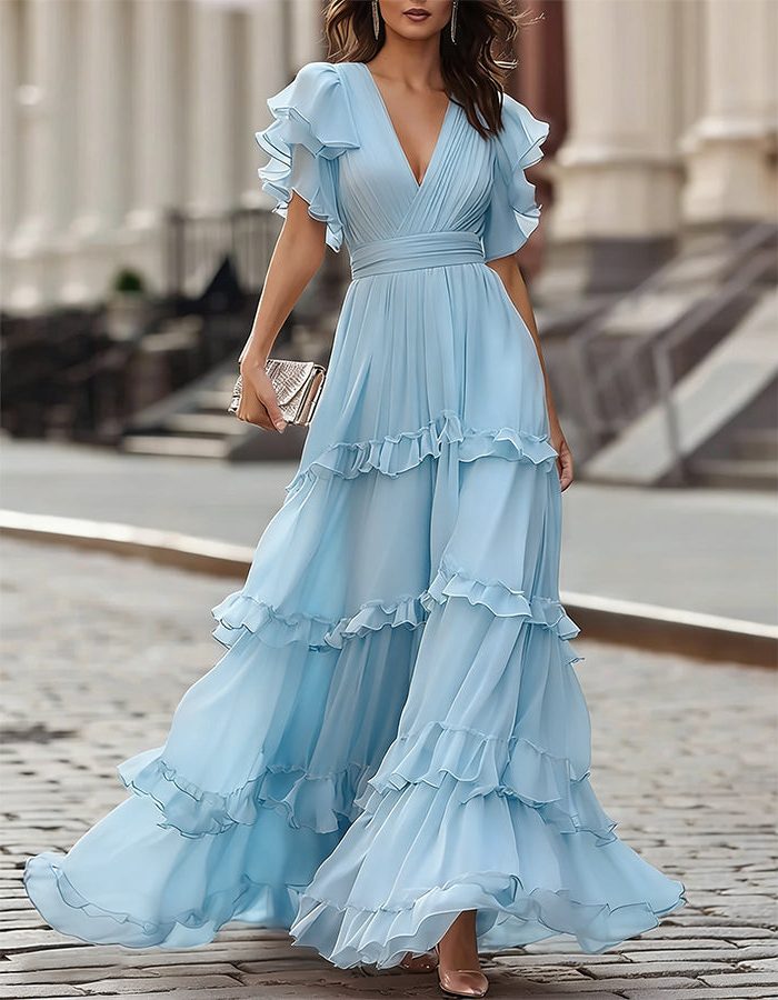 V-Neck Ruffled Hem Wedding Guest Maxi Dress for Women - Blue