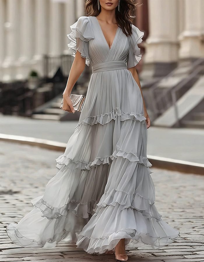 V-Neck Ruffled Hem Wedding Guest Maxi Dress for Women - Grey