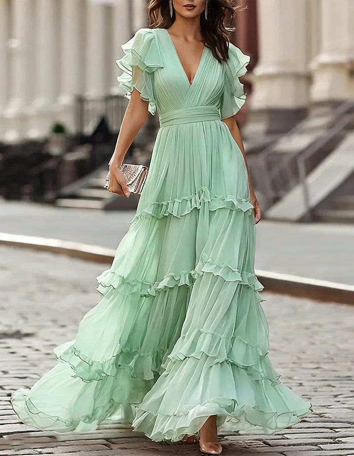 V-Neck Ruffled Hem Wedding Guest Maxi Dress for Women - Green