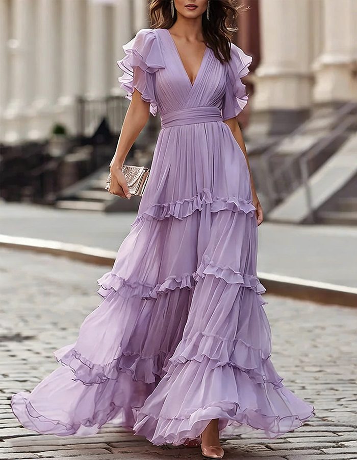 V-Neck Ruffled Hem Wedding Guest Maxi Dress for Women - Lavender
