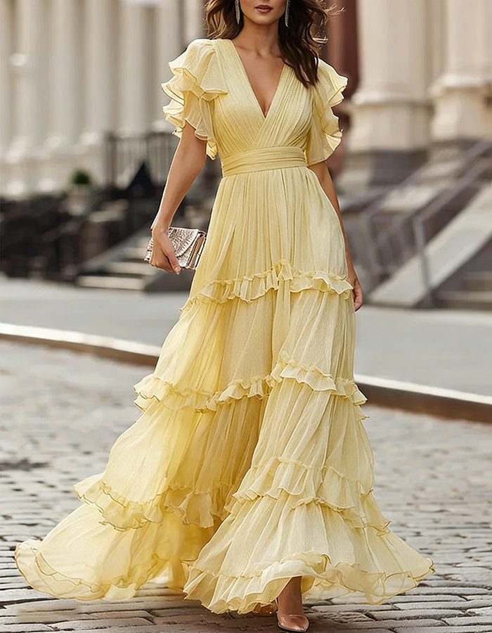 V-Neck Ruffled Hem Wedding Guest Maxi Dress for Women - Yellow