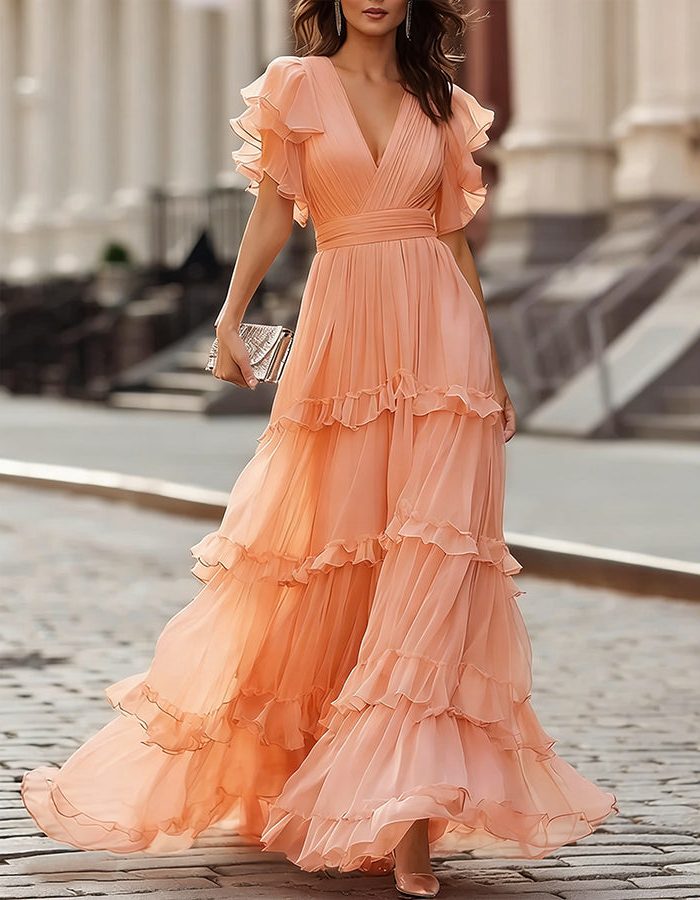 V-Neck Ruffled Hem Wedding Guest Maxi Dress for Women - Orange