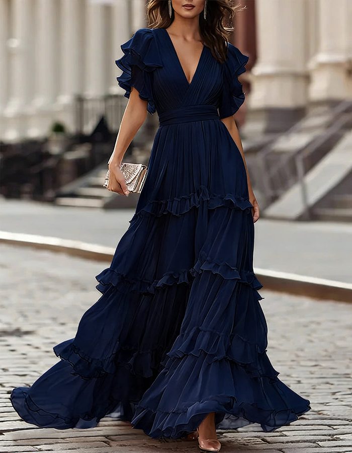 V-Neck Ruffled Hem Wedding Guest Maxi Dress for Women - Navy Blue