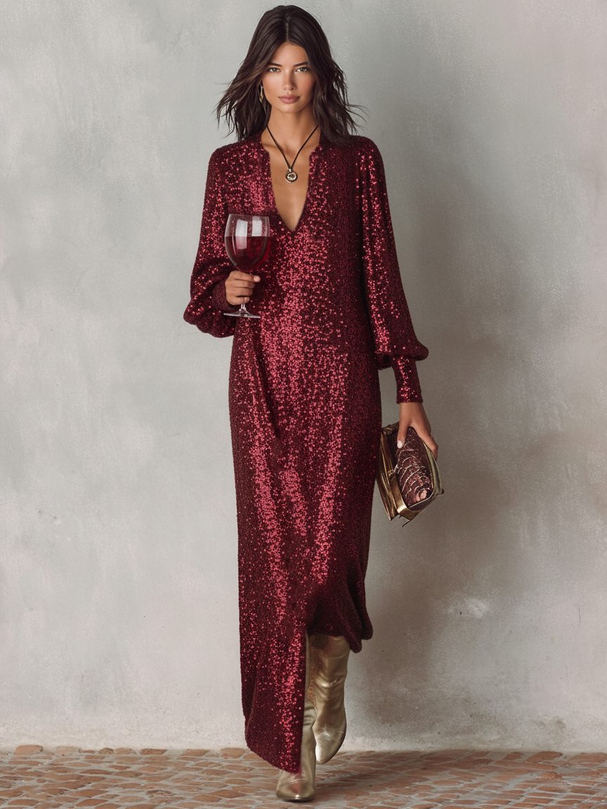 V-Neck Sequin Maxi Dress for Women - Wine Red