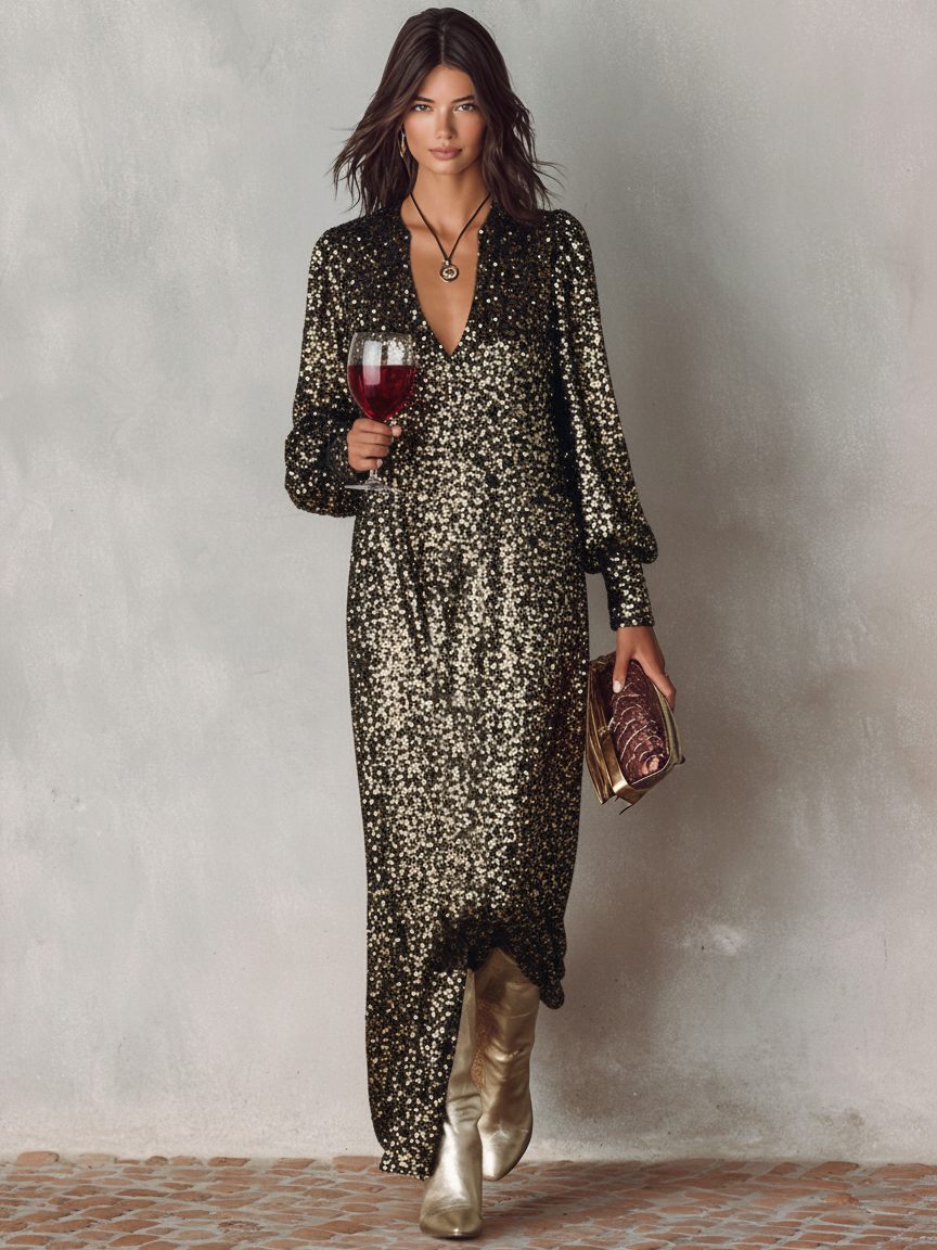 V-Neck Sequin Maxi Dress for Women - Black