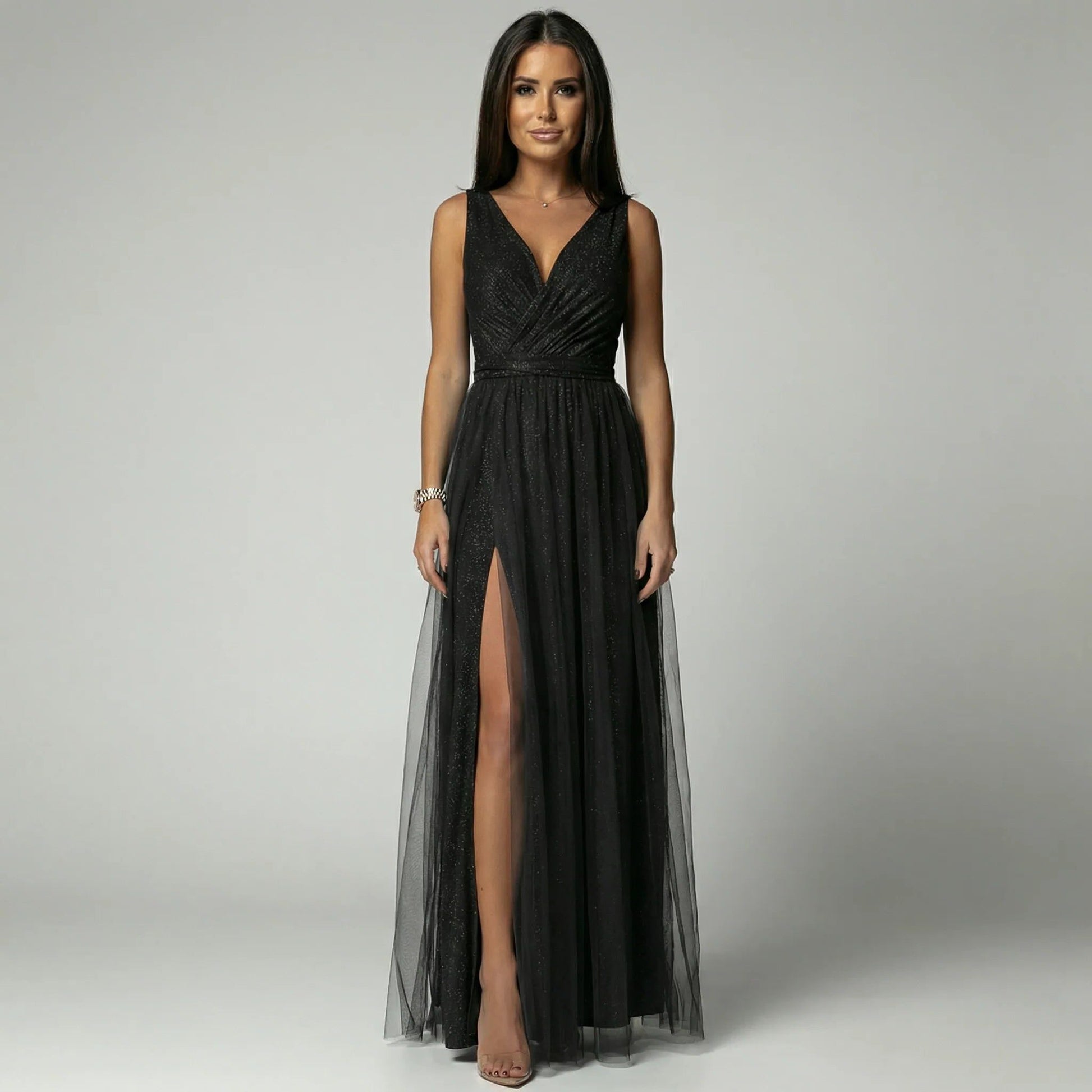 V-Neck Sleeveless Maxi Dress with Slit for Women - Black