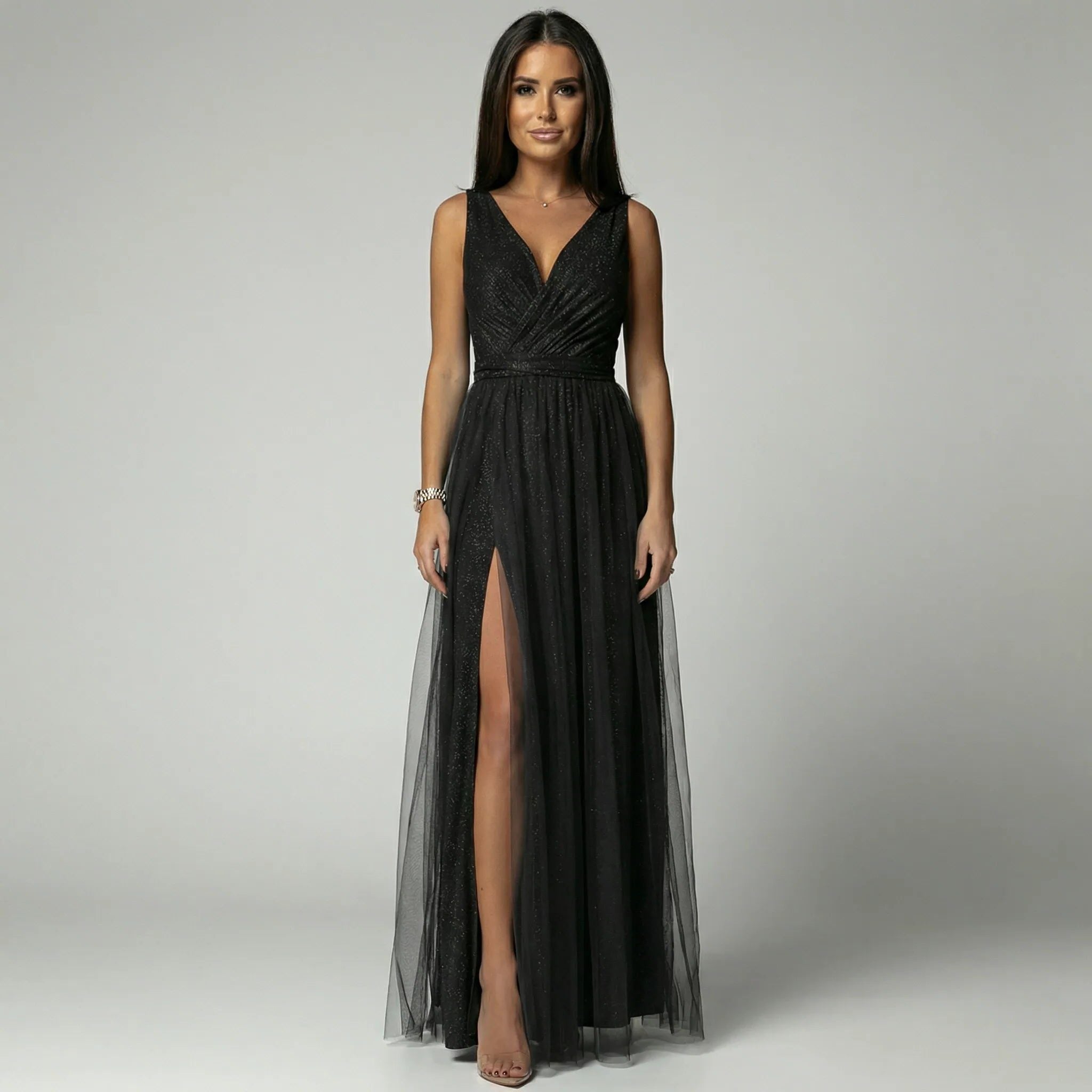V-Neck Sleeveless Maxi Dress with Slit for Women - Black
