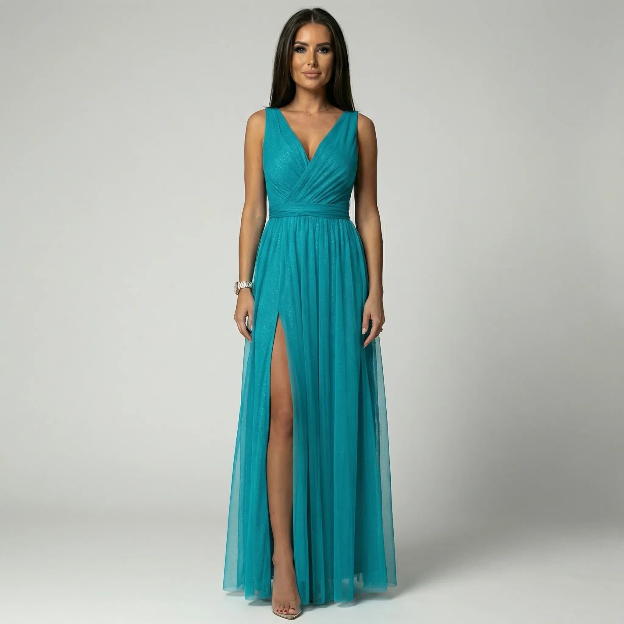 V-Neck Sleeveless Maxi Dress with Slit for Women - Blue