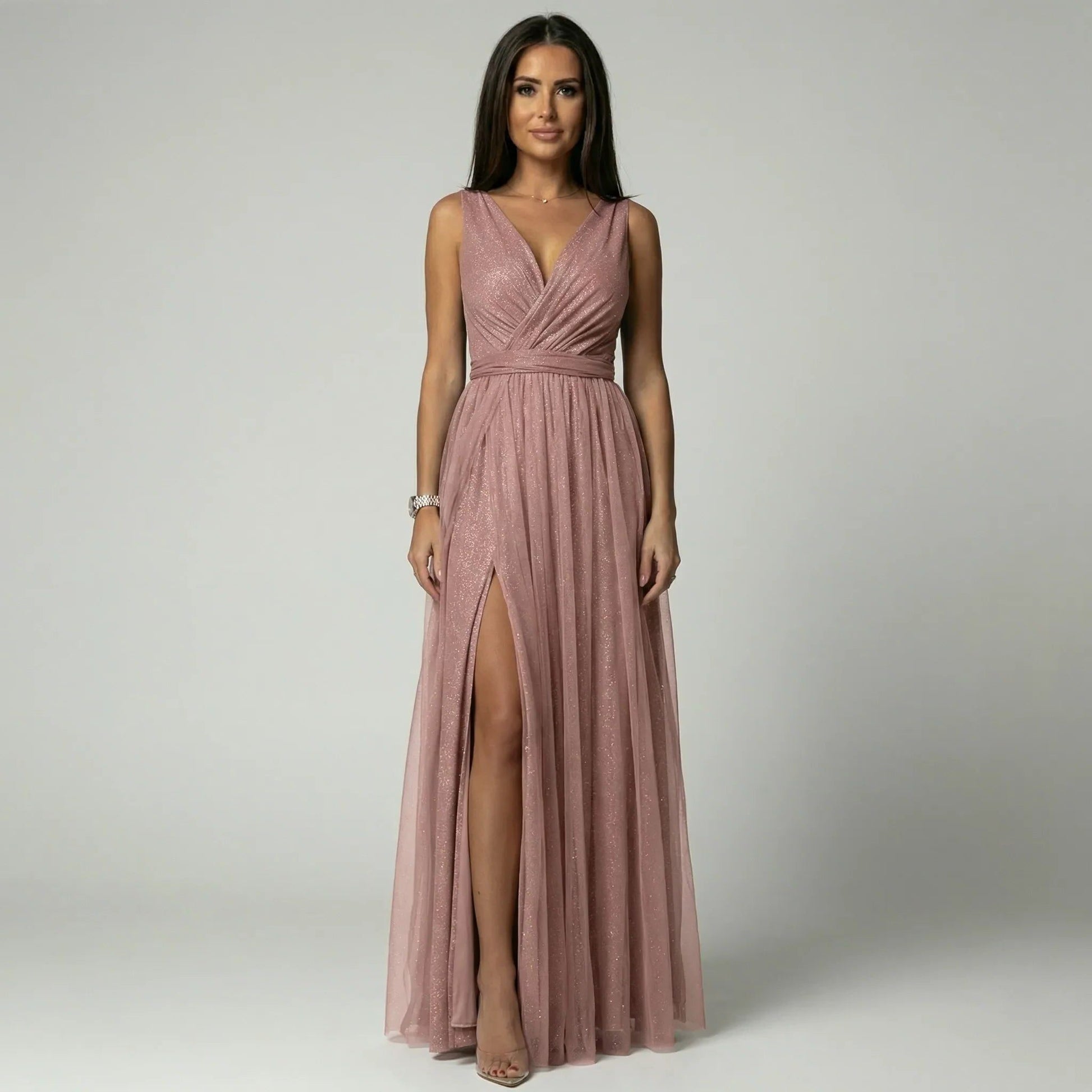 V-Neck Sleeveless Maxi Dress with Slit for Women - Pink