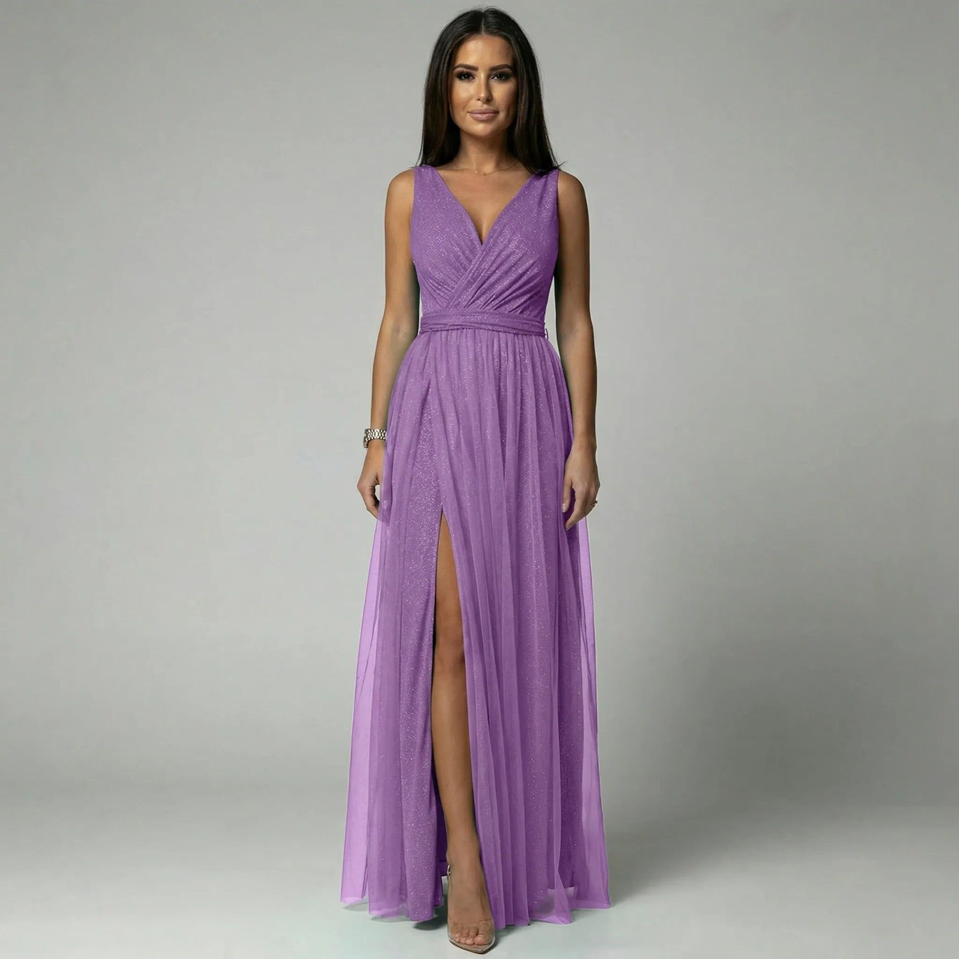 V-Neck Sleeveless Maxi Dress with Slit for Women - Purple