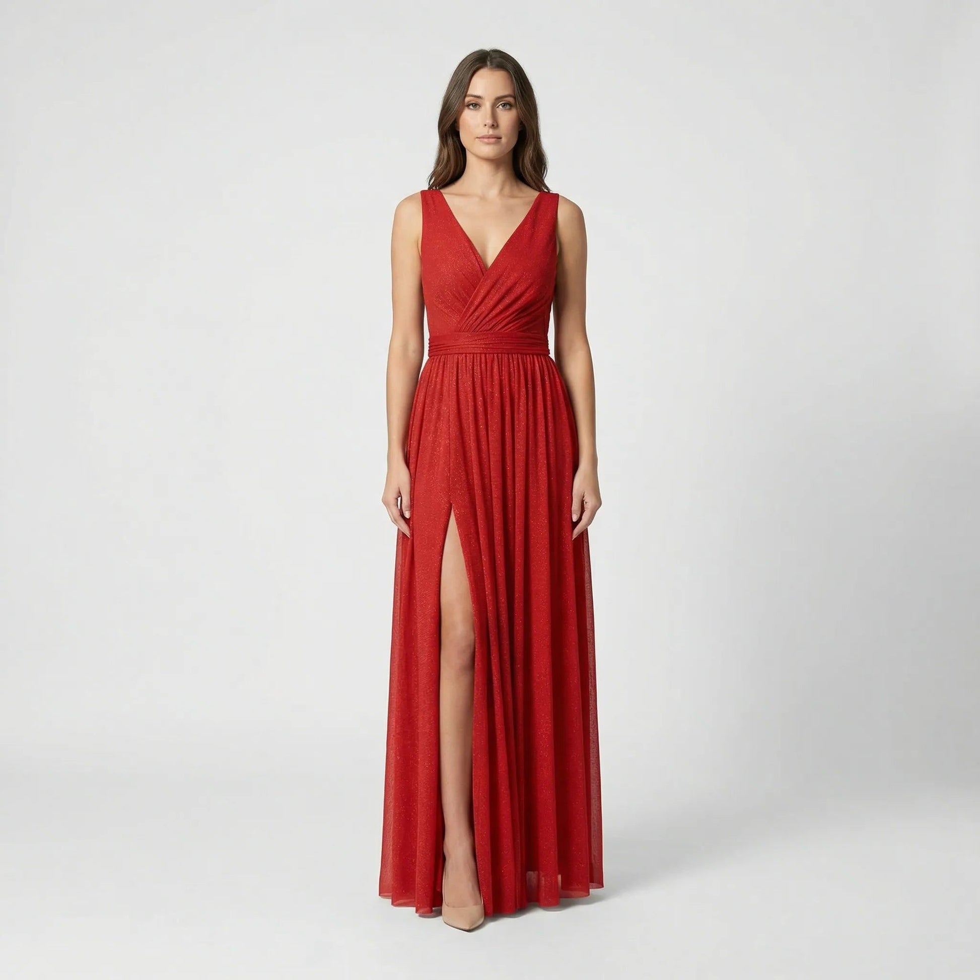 V-Neck Sleeveless Maxi Dress with Slit for Women - Red