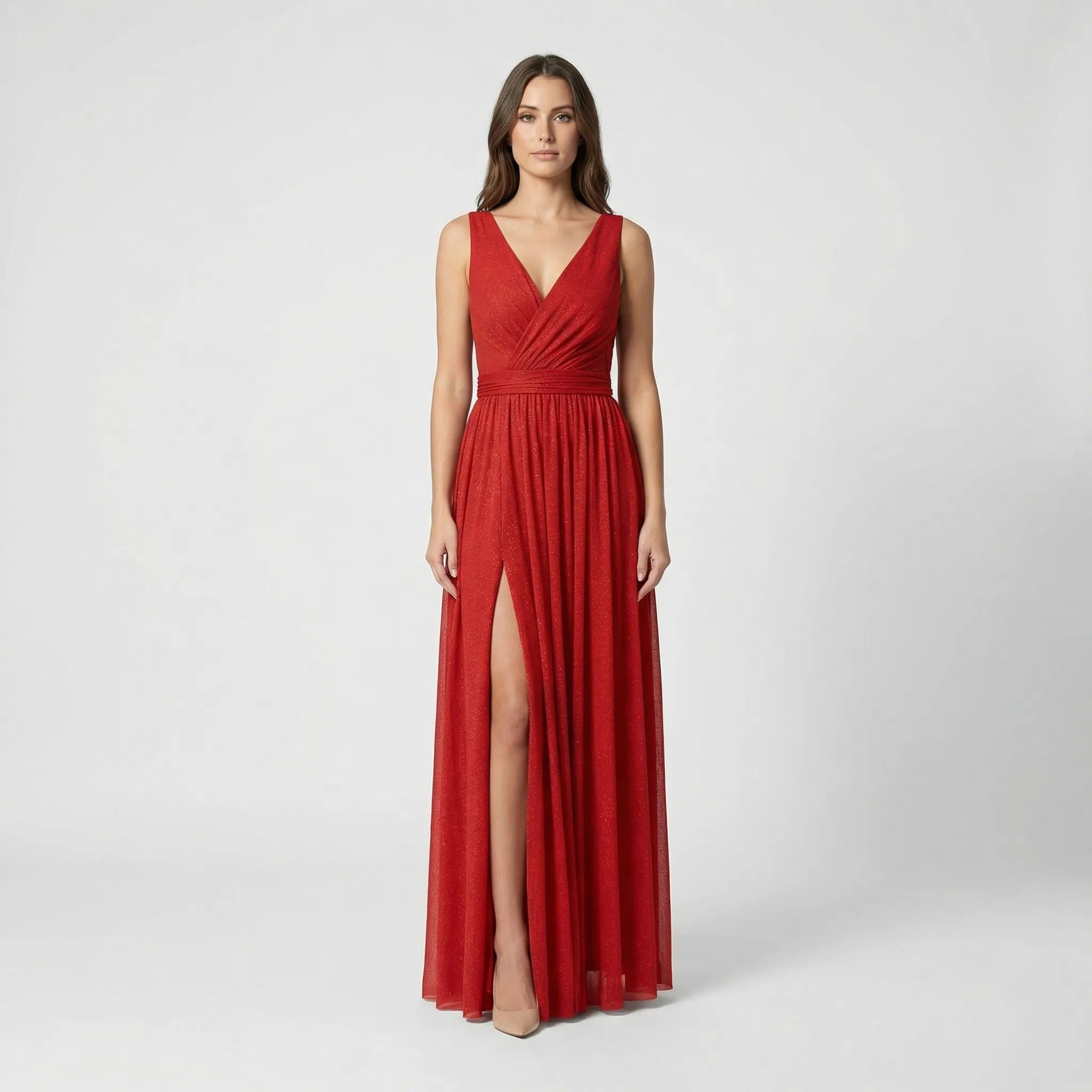 V-Neck Sleeveless Maxi Dress with Slit for Women - Red