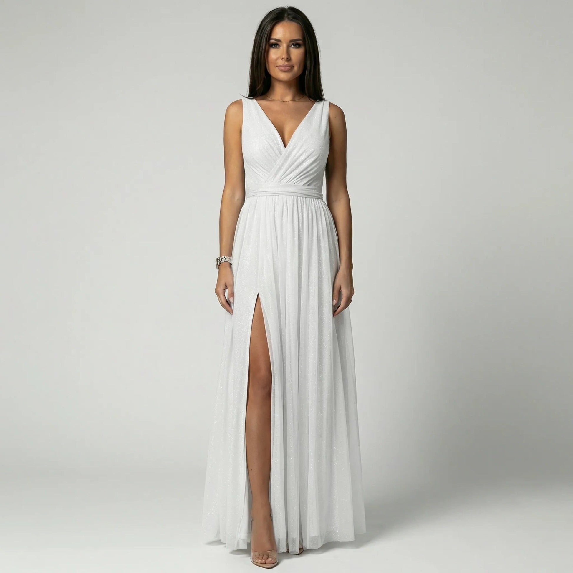 V-Neck Sleeveless Maxi Dress with Slit for Women - White