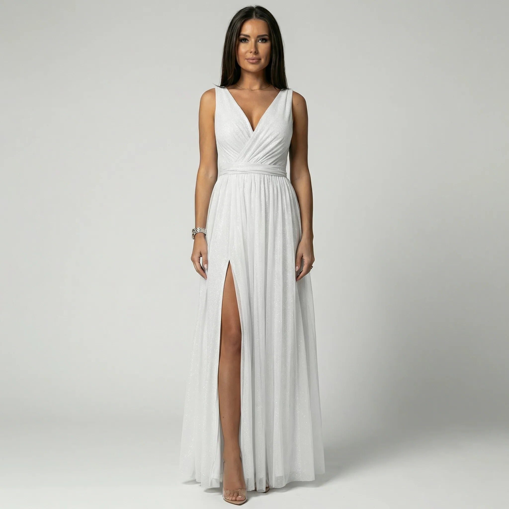 V-Neck Sleeveless Maxi Dress with Slit for Women - White