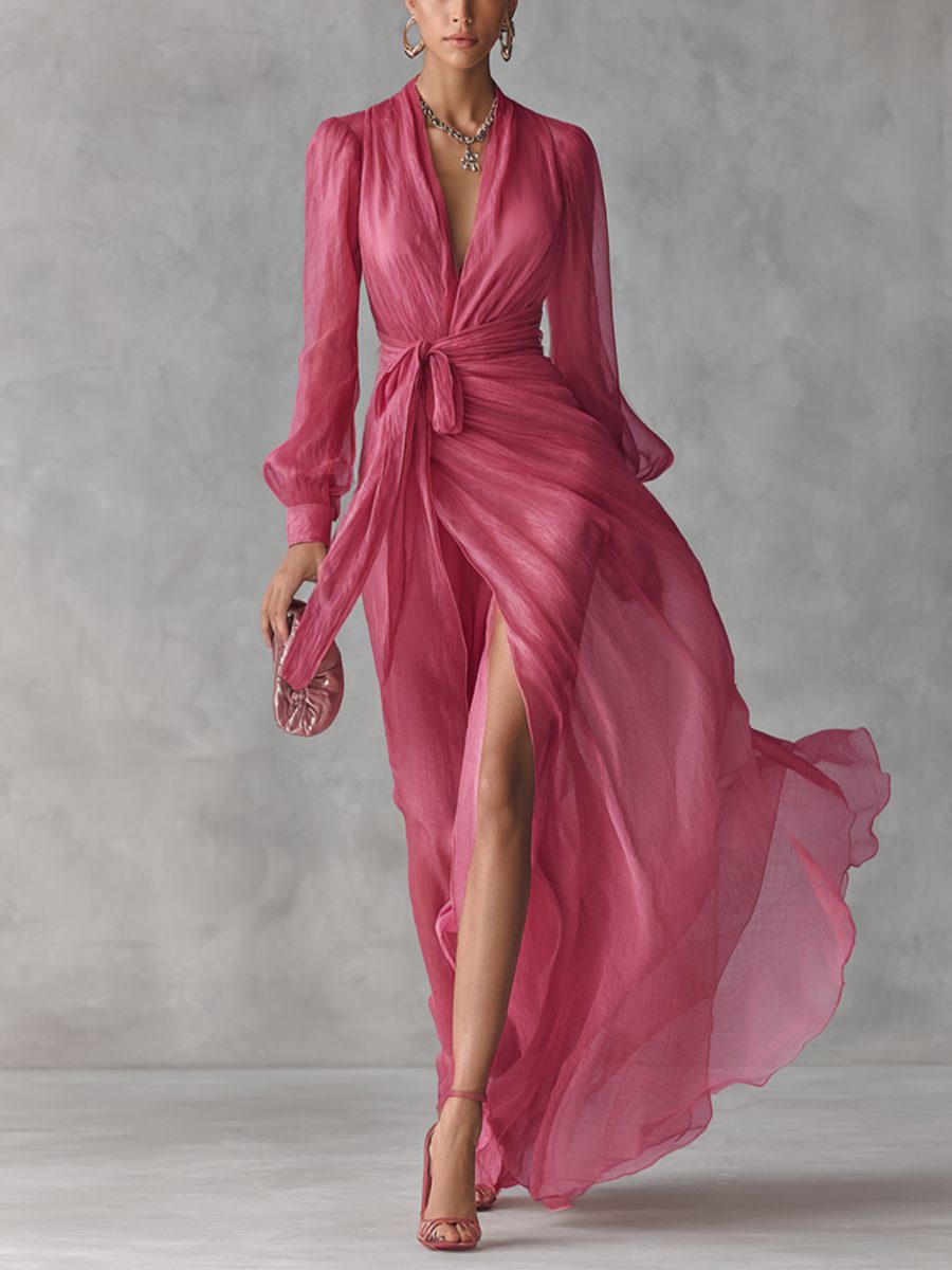 V-Neck Tie-Waist Chiffon Maxi Dress for Women