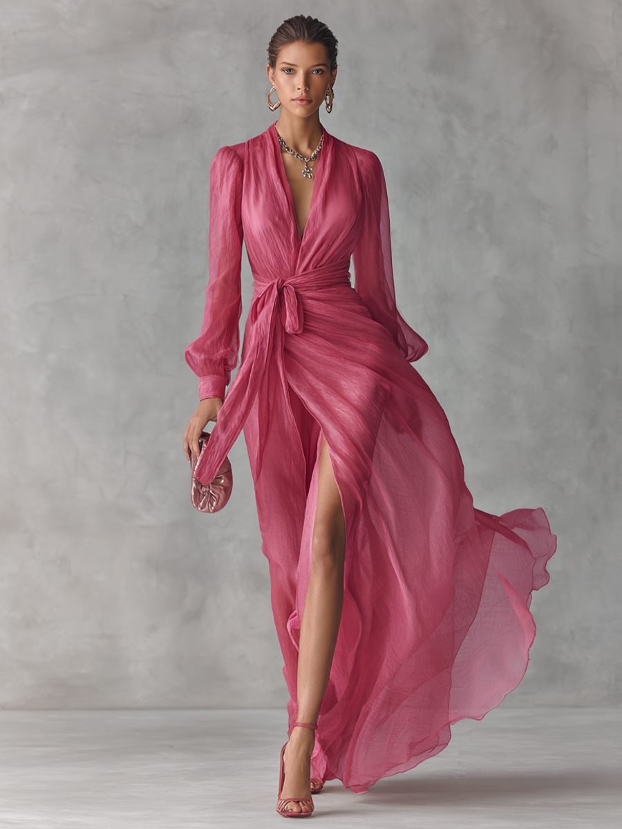 V-Neck Tie-Waist Chiffon Maxi Dress for Women - View 2