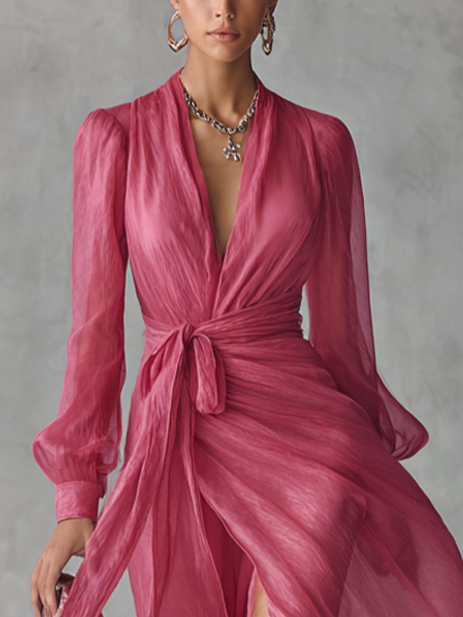 V-Neck Tie-Waist Chiffon Maxi Dress for Women - View 3