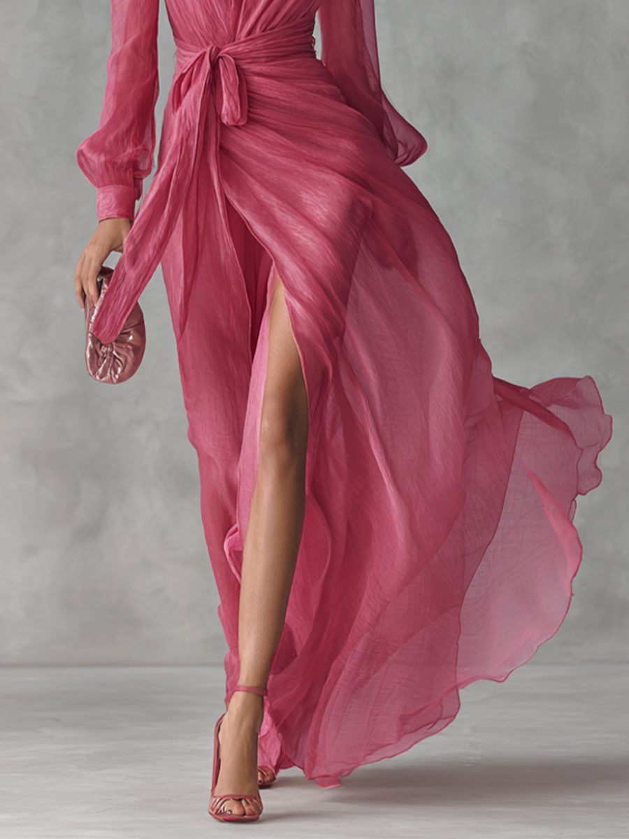 V-Neck Tie-Waist Chiffon Maxi Dress for Women - View 4