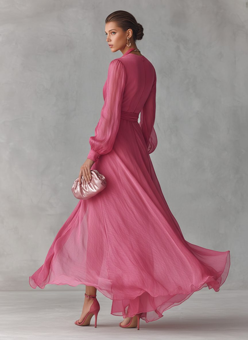 V-Neck Tie-Waist Chiffon Maxi Dress for Women - View 5