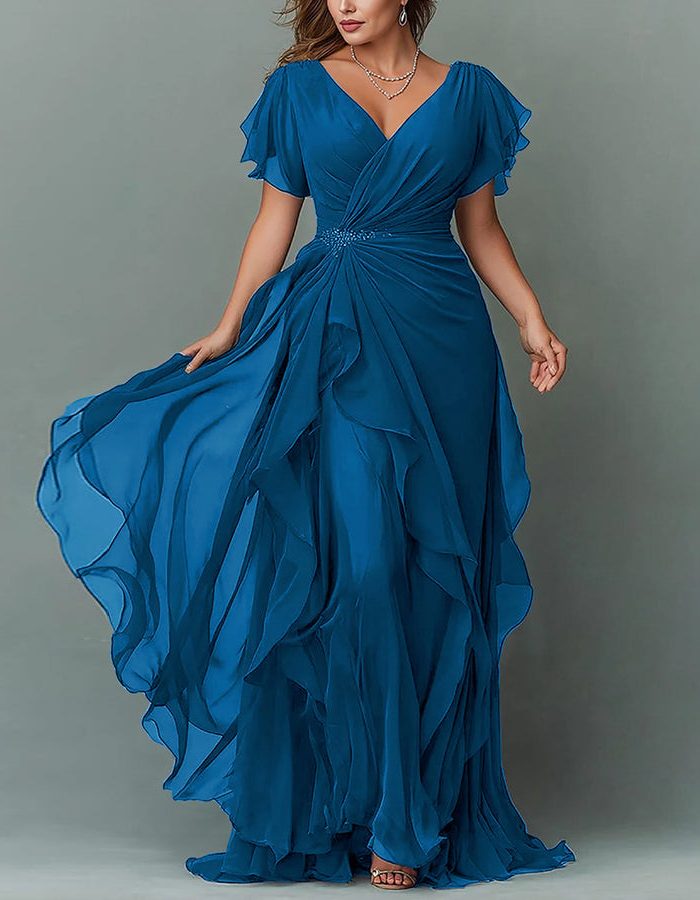 V-Neck Tiered Ruffle Wedding Guest Maxi Dress for Women - Royal Blue