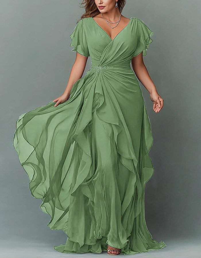 V-Neck Tiered Ruffle Wedding Guest Maxi Dress for Women - Light Green