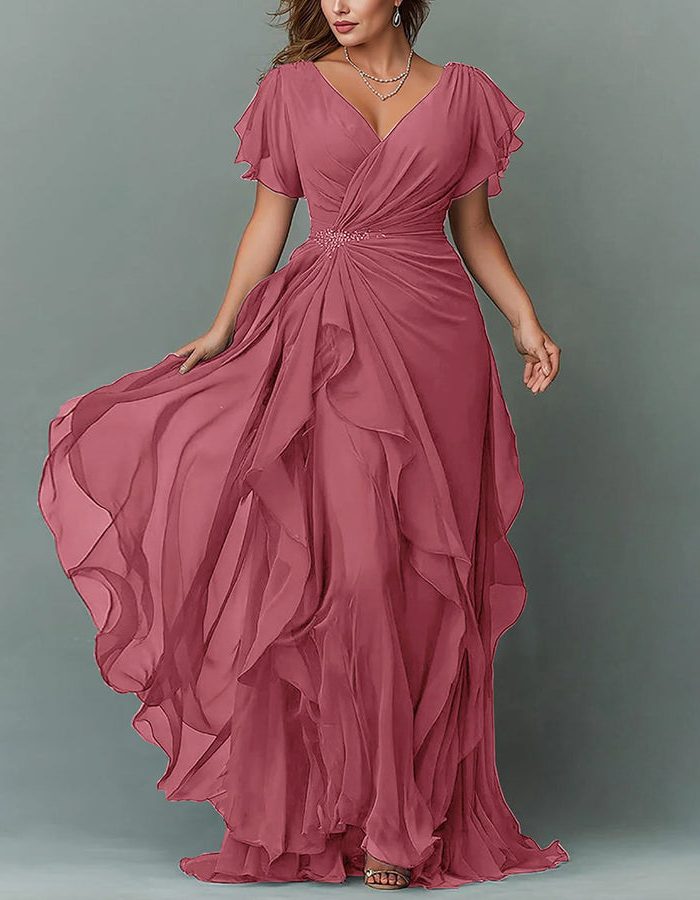 V-Neck Tiered Ruffle Wedding Guest Maxi Dress for Women - Pink