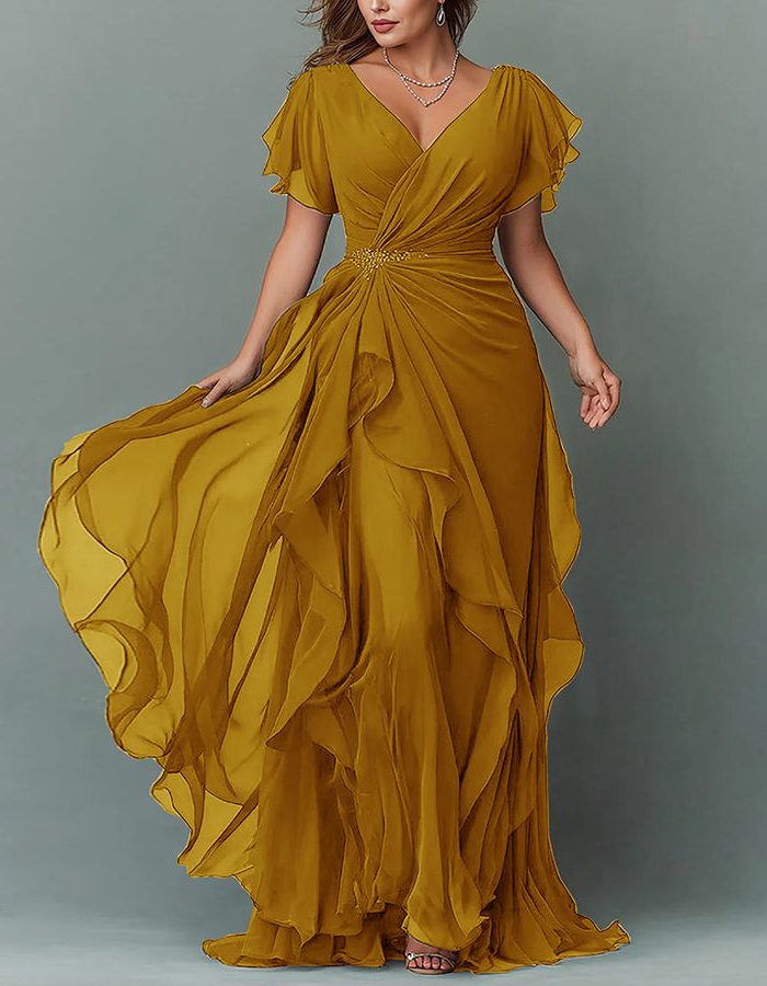 V-Neck Tiered Ruffle Wedding Guest Maxi Dress for Women - Yellow