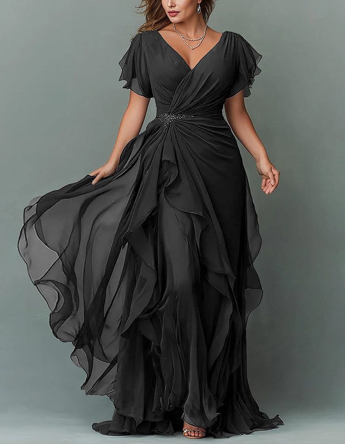 V-Neck Tiered Ruffle Wedding Guest Maxi Dress for Women - Black
