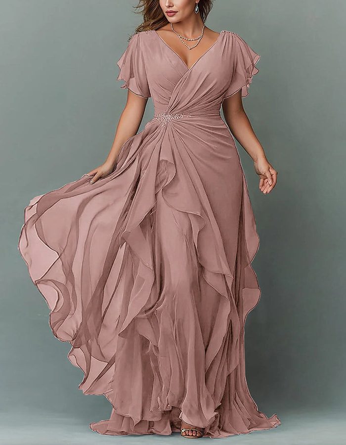V-Neck Tiered Ruffle Wedding Guest Maxi Dress for Women - Blush