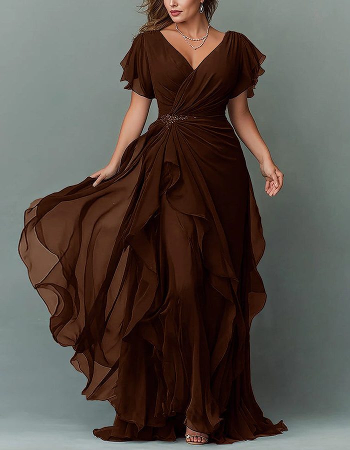 V-Neck Tiered Ruffle Wedding Guest Maxi Dress for Women - Brown