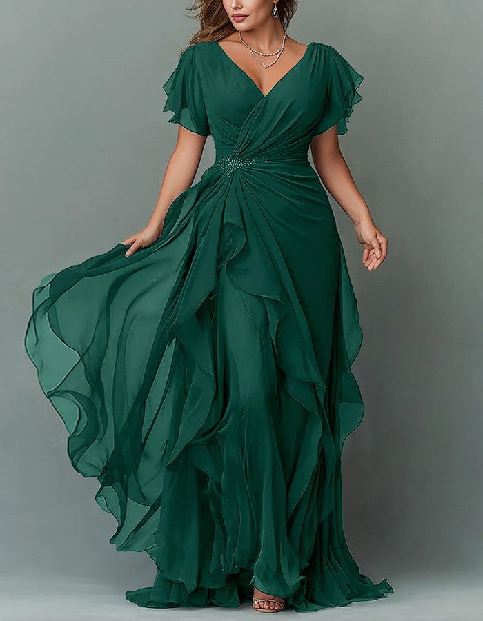 V-Neck Tiered Ruffle Wedding Guest Maxi Dress for Women - Dark Green