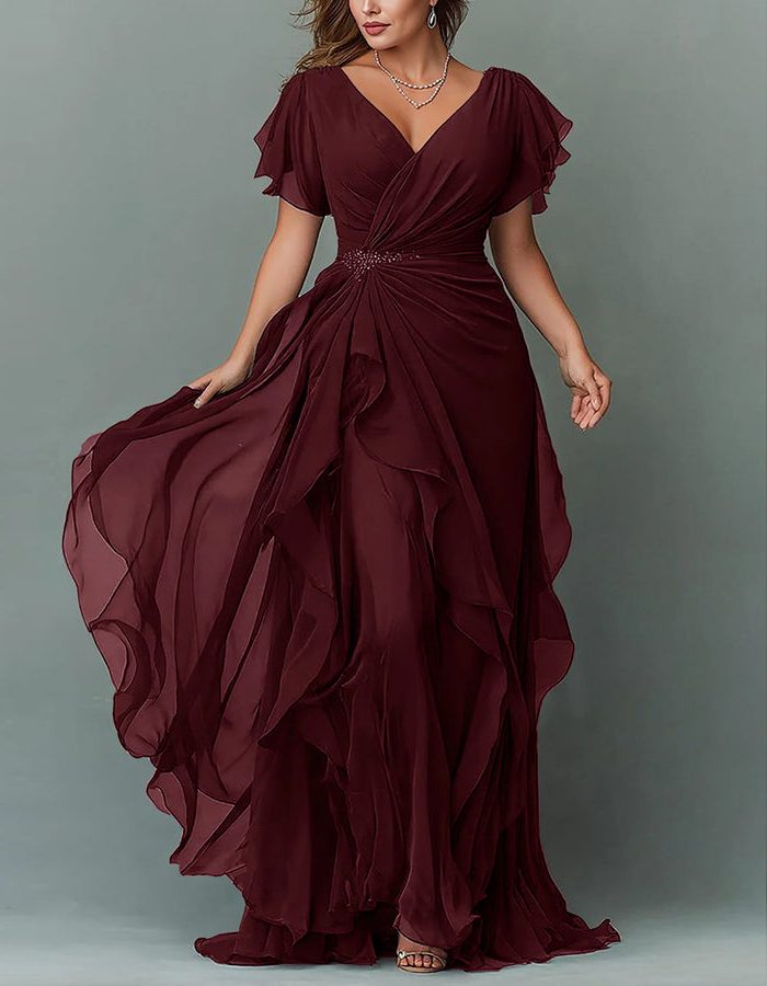 V-Neck Tiered Ruffle Wedding Guest Maxi Dress for Women - Dark Red