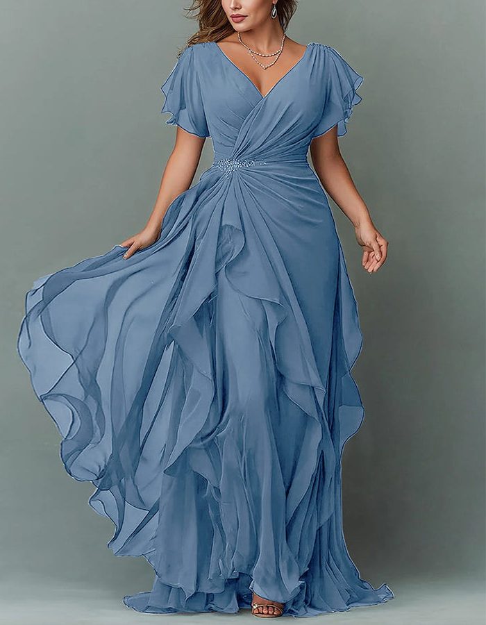 V-Neck Tiered Ruffle Wedding Guest Maxi Dress for Women - Light Blue