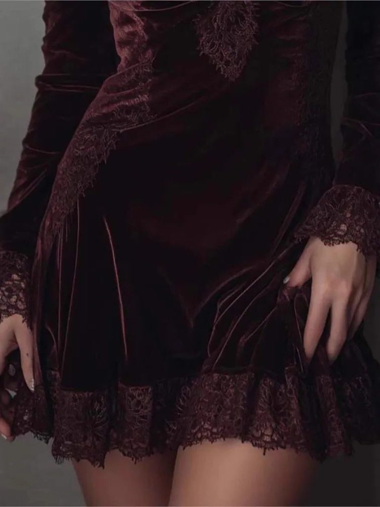 V-Neck Velvet Wrap Dress with Lace Trim for Women - View 3