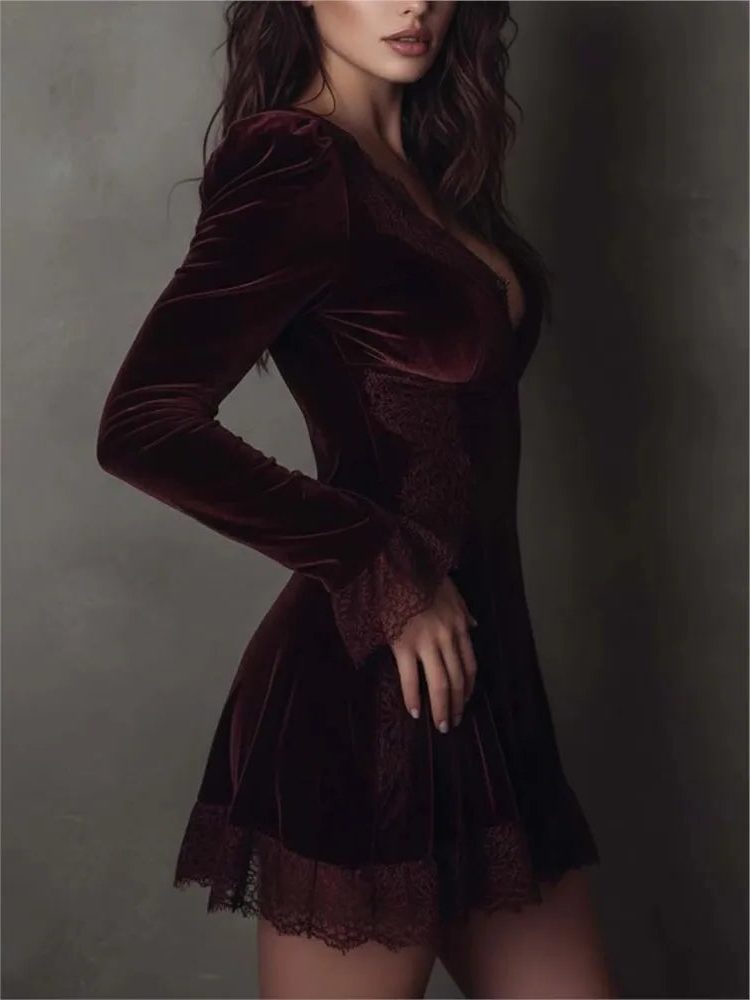 V-Neck Velvet Wrap Dress with Lace Trim for Women - View 4