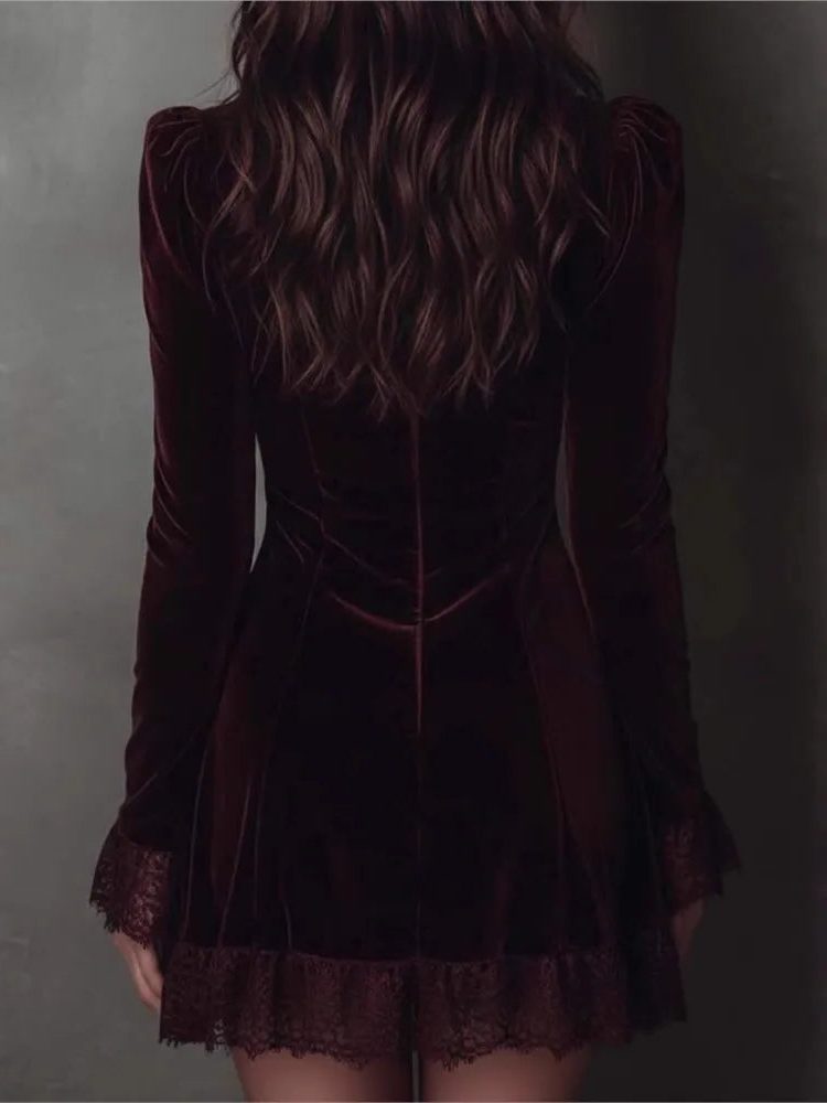 V-Neck Velvet Wrap Dress with Lace Trim for Women - View 5