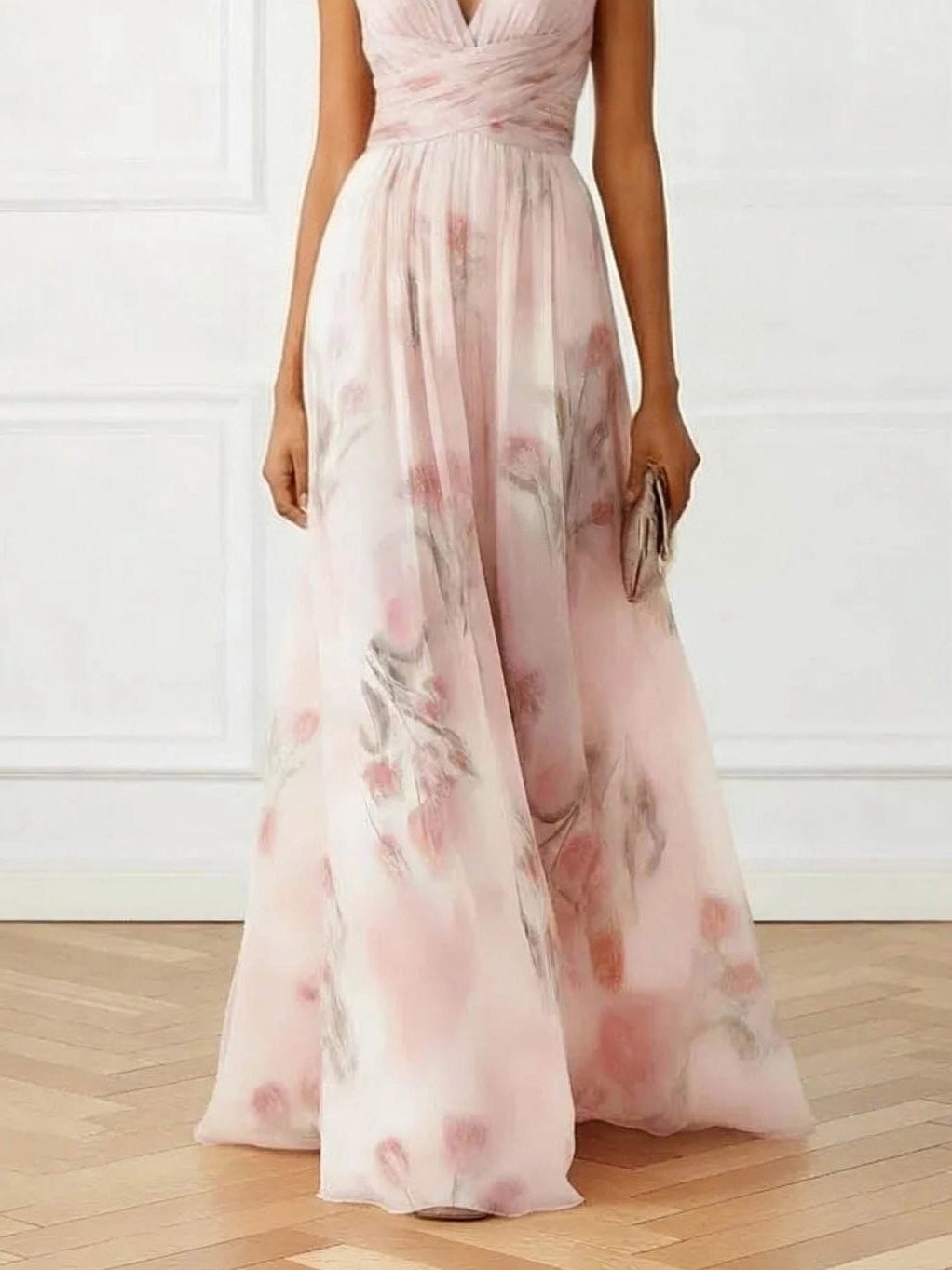 V-Neck Wedding Guest Floral Maxi Dress for Women