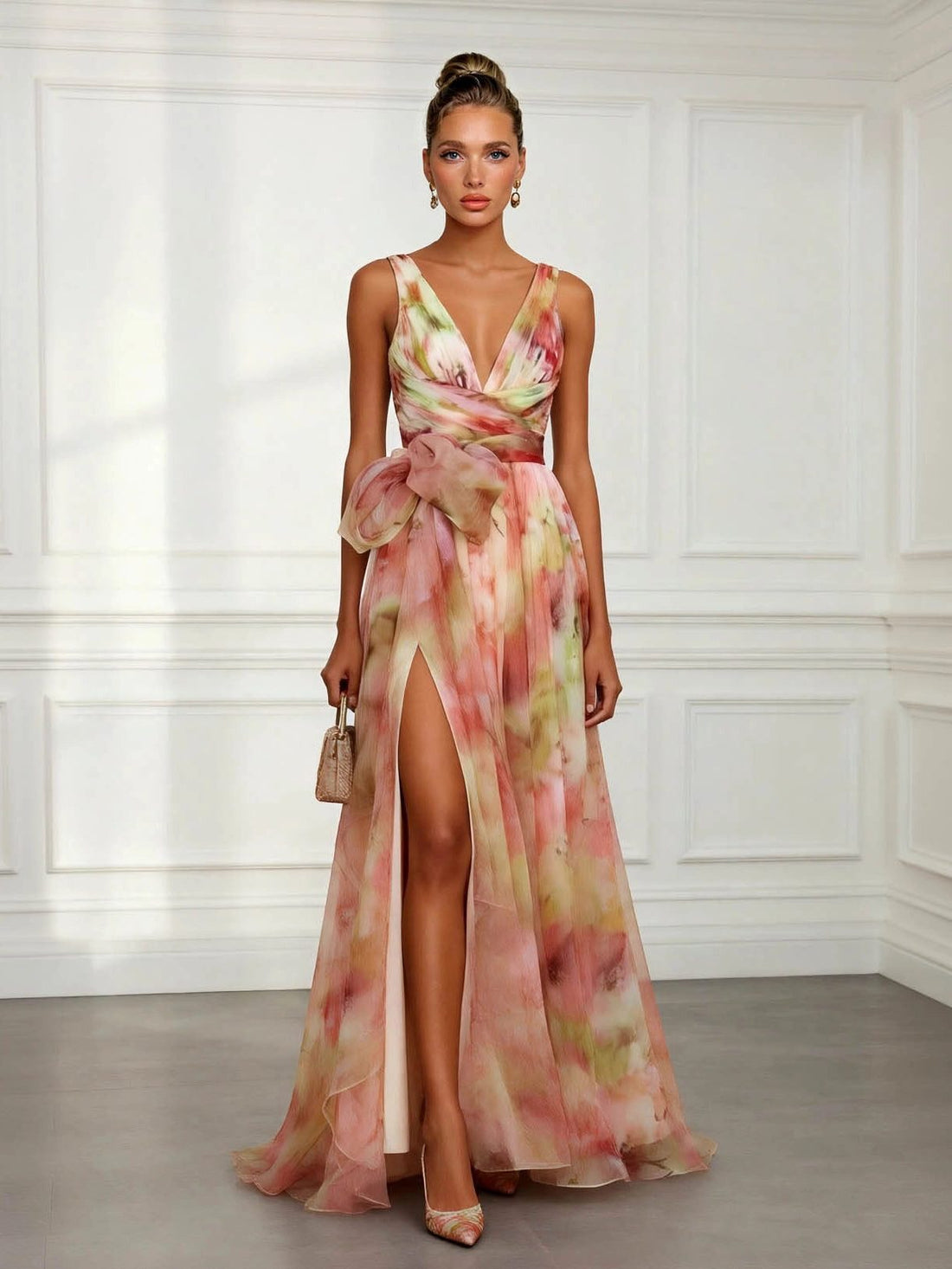 V-Neck Wedding Guest Maxi Dress with Tie-Waist for Women