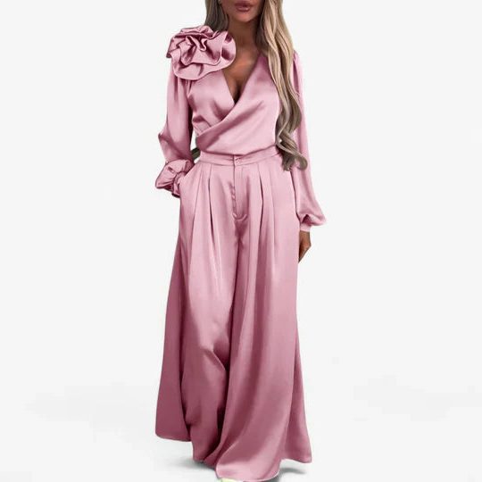 V-Neck Wide Leg Two-Piece Set for Women