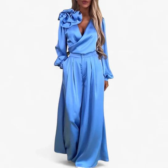 V-Neck Wide Leg Two-Piece Set for Women - Blue