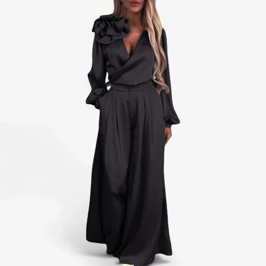 V-Neck Wide Leg Two-Piece Set for Women - Black