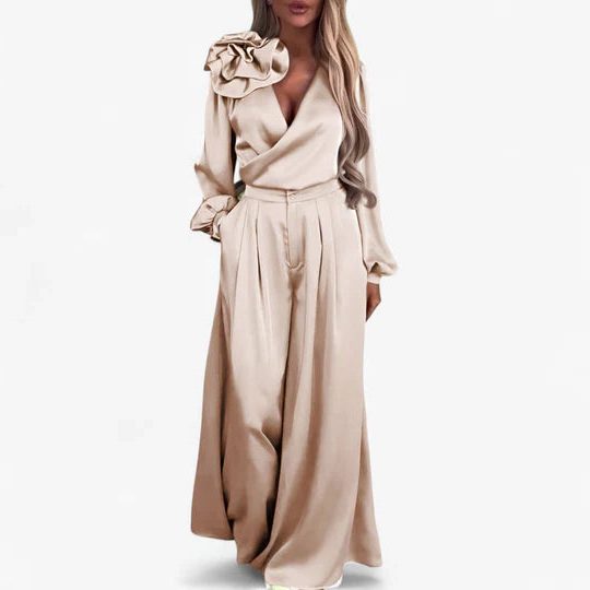 V-Neck Wide Leg Two-Piece Set for Women - Beige