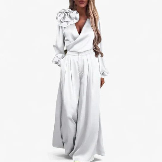 V-Neck Wide Leg Two-Piece Set for Women - White